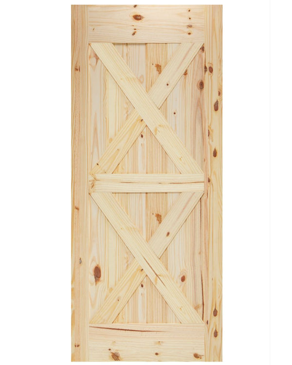 Puerta de granero de pino nudoso con ranura en V y doble refuerzo en X