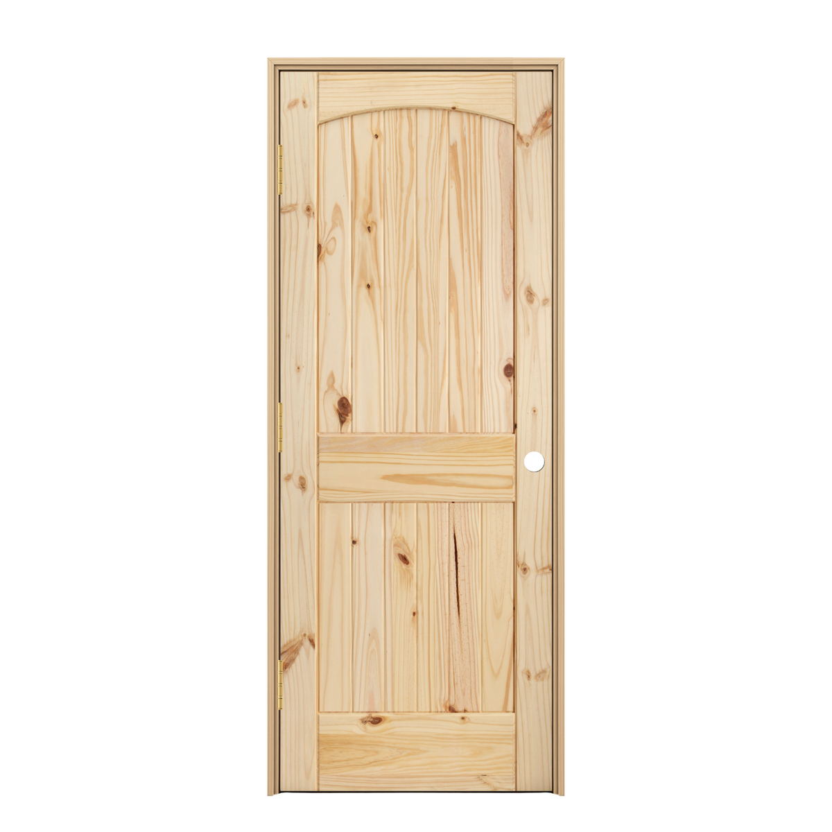 Prehung 2 Panel Arch Top V-Groove Knotty Pine Interior Door - Image 1