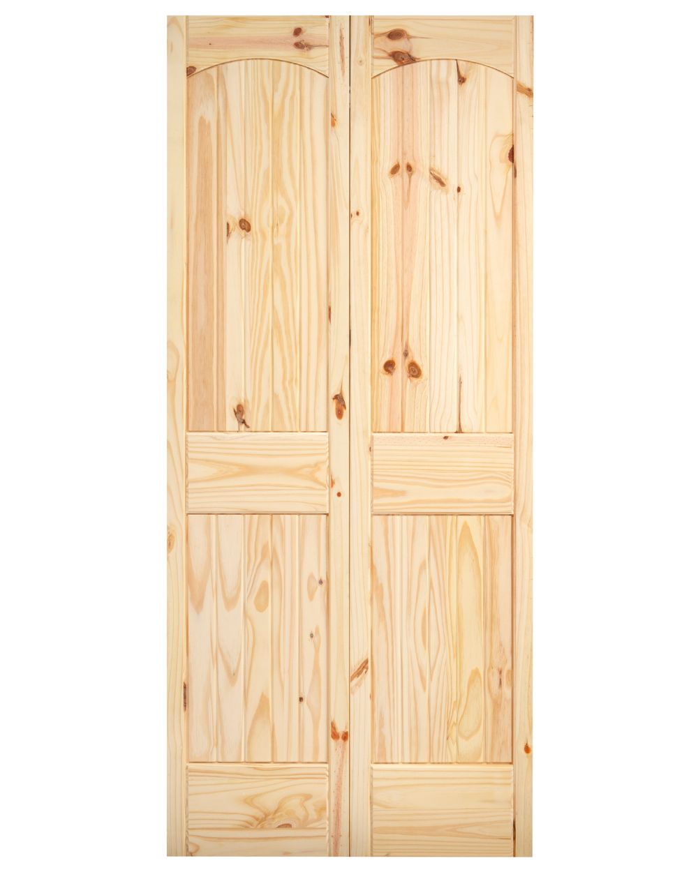 2 Panel Arch Top V-Groove Knotty Pine Wood Bifold Interior Door - Image 2