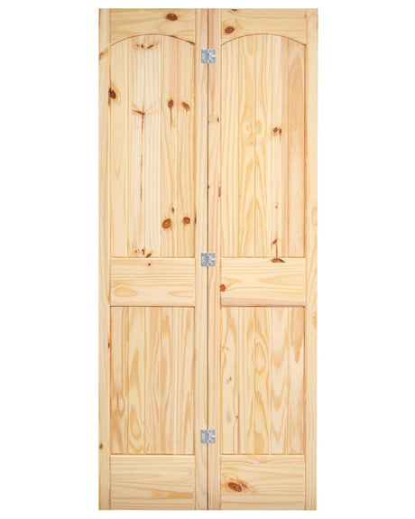 2 Panel Arch Top V-Groove Knotty Pine Wood Bifold Interior Door - Image 3