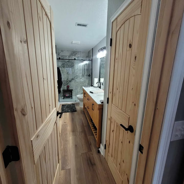 2 Panel Arch Top V-Groove Knotty Pine Interior Door | Prehung | 2-3/8 Backset