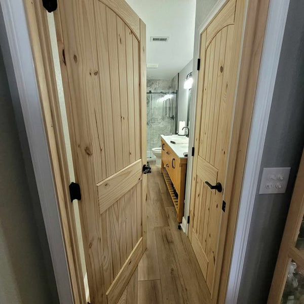 2 Panel Arch Top V-Groove Knotty Pine Interior Door | Prehung | 2-3/8 Backset