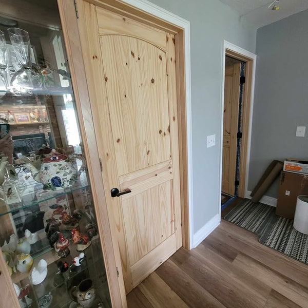 2 Panel Arch Top V-Groove Knotty Pine Interior Door | Prehung | 2-3/8 Backset
