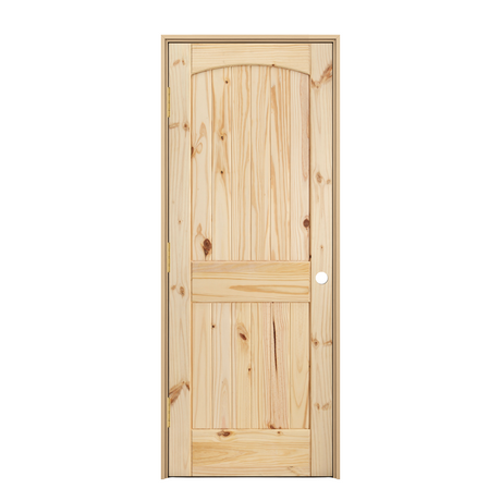 Prehung 2 Panel Arch Top V-Groove Knotty Pine Interior Door - Image 1
